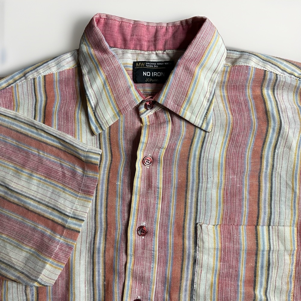 Vintage 70s JCPenney Shirt Mens XL-16.5 Colorful Striped Short Sleeve Button Up